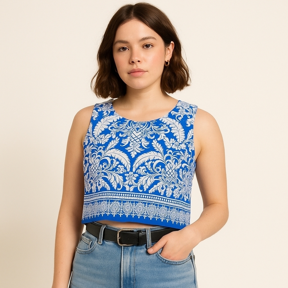 Rachel Zoe Blue Linen Blend Cropped Blouse – Size S